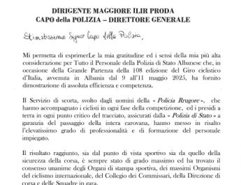 RCS Sport & Events, letër falënderimi Policisë shqiptare